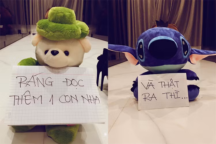 Hari Won tiết lộ, trở về nhà sau buổi diễn, cô bất ngờ khi ông xã đặt rất nhiều gấu bông cầm giấy chào đón cô. (Ảnh: FBNV)