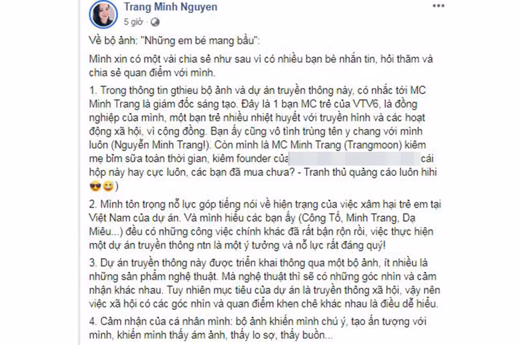 Minh Trang cho biết cô tôn trọng nỗ lực góp tiếng nói về nạn xâm hại trẻ em của ê-kíp Công Tố, Dạ Miêu.