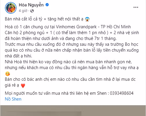 Trên trang cá nhân, ca sĩ Hoà Minzy rao bán căn hộ chung cư cao cấp tại TP HCM.