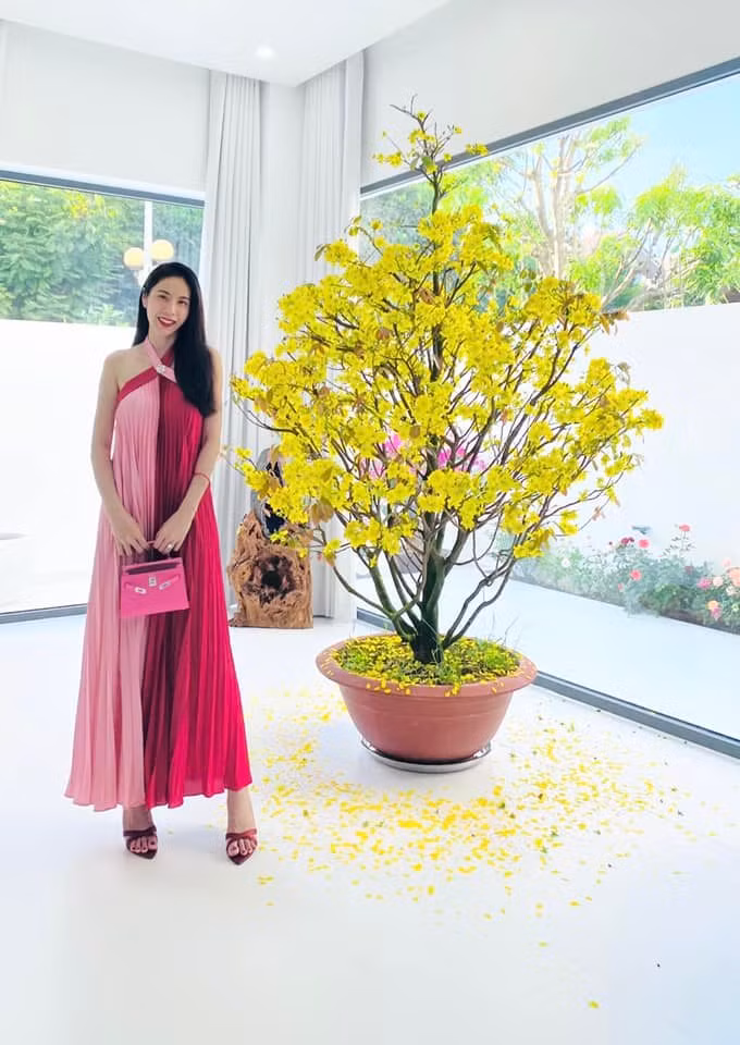 Vào dịp Tết, vợ chồng Công Vinh - Thuỷ Tiên tô điểm không gian nhà bằng một chậu mai vàng lớn. Ảnh: FBNV