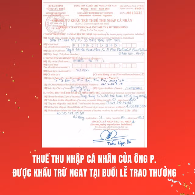 Người trúng Vietlott đó là ông N.T.P. (thường trú tại TP Cẩm Phả, Quảng Ninh). Sau khi nộp thuế thu nhập cá nhân, ông P dành 300 triệu đồng để là từ thiện. Ảnh: Vietlott
