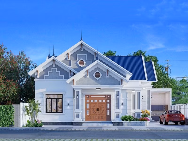 Nhà 1 tầng nổi bật với mái thái giật cấp, cửa chính bằng gỗ sang trọng. Ảnh: Wedo