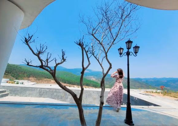 Hiện tại, khu vực hồ bơi trước biệt thự đã hoàn thiện. Xung quanh trồng nhiều cây và hoa.