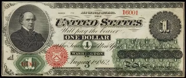 Người đầu tiên được in trên tờ 1 USD là Salmon P. Chase, và đó là vào năm 1863 khi ông vẫn còn sống. Hơn nữa, ông còn là thư ký đương nhiệm của kho bạc.