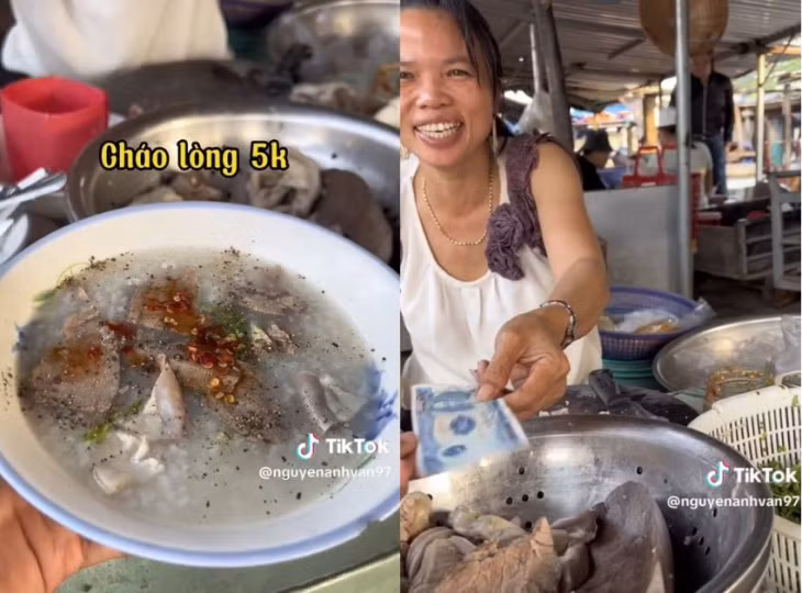 Tại khu chợ này, TikToker Nguyễn Anh Văn ăn món cháo lòng với giá chỉ 5.000 đồng/bát với đầy đủ các topping không thua kém gì suất 40.000 đồng tại nơi khác. Bánh ướt có giá 3.000 đồng/đĩa.