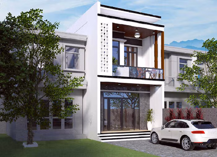 Điểm nhấn của căn nhà 2 tầng là sự kết hợp hài hòa của 3 tông màu trắng, nâu và xám. Ảnh: Xaydungcuonggiahieu