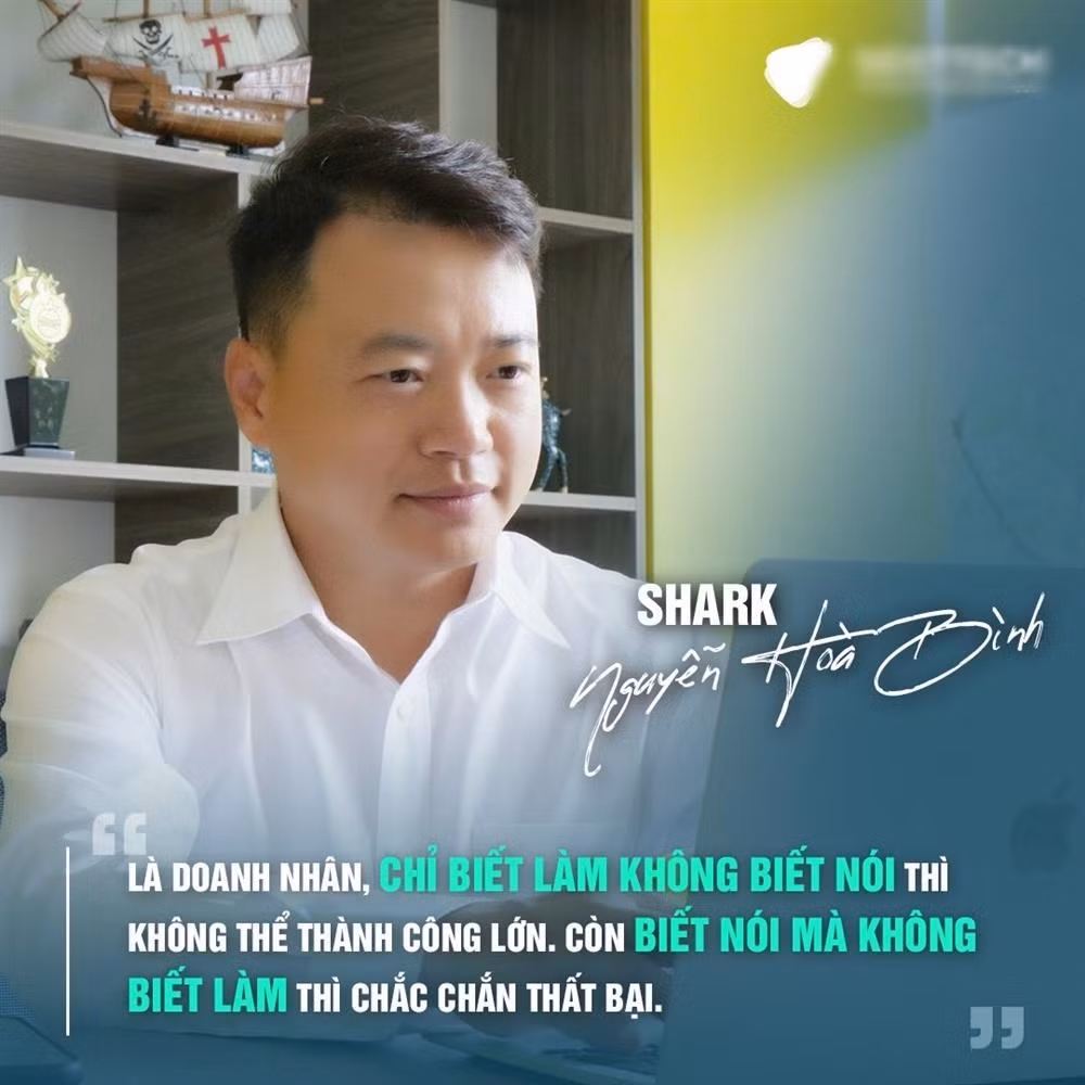 "Trong kinh doanh ý tưởng chỉ chiếm 20%, 80% còn lại là năng lực thực thi. Người làm chủ giỏi là người dành 20% năng lượng để nói và 80% năng lượng để làm. Chỉ làm mà không biết nói thì không thể bán hàng, không thể thu phục lòng người, không thể thành công lớn. Còn biết nói mà không biết làm thì sớm muộn gì cũng thất bại", Shark Bình nói.