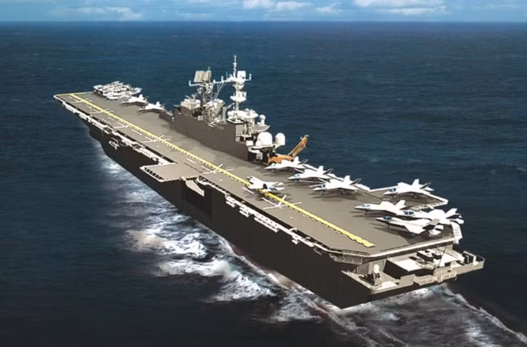 Tàu đổ bộ tấn công lớp America có chiều dài hơn 257m có thể mang chiến đấu cơ tàng hình F-35 cùng các máy bay vận tải MV-22 Osprey cùng 1.700 binh sĩ thủy quân lục chiến, xe tăng, trực thăng, pháo và xe thiết giáp. Nguồn ảnh: VOV.
