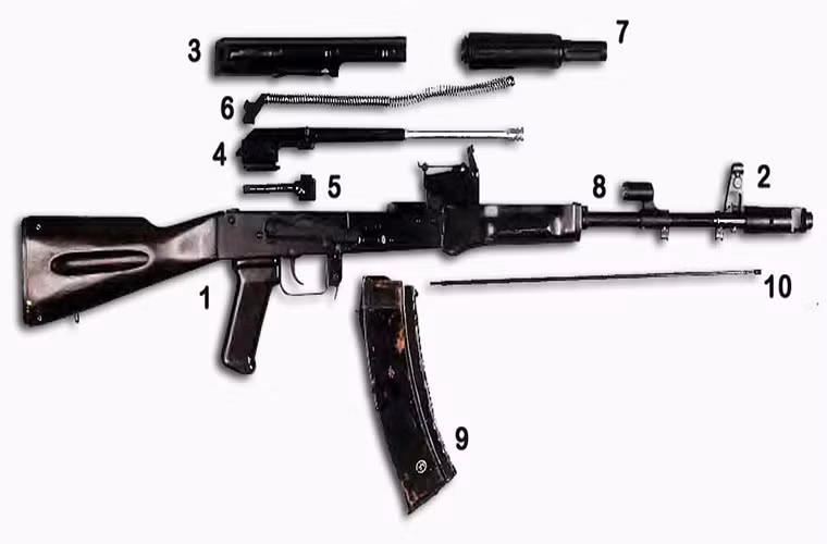 Cấu tạo bên trong của AK-74M cũng tương tự như các phiên bản trước đó, nhưng các chi tiết được thay đổi công nghệ gia công nhằm tăng độ bền khi bắn cũng như cấu trúc cơ bản của súng trong quá trình sử dụng. Cơ chế bắn của AK-74M vẫn là nạp đạn bằng khí nén kết hợp thoi nạp đạn xoay. Nguồn ảnh: gunrf.ru.