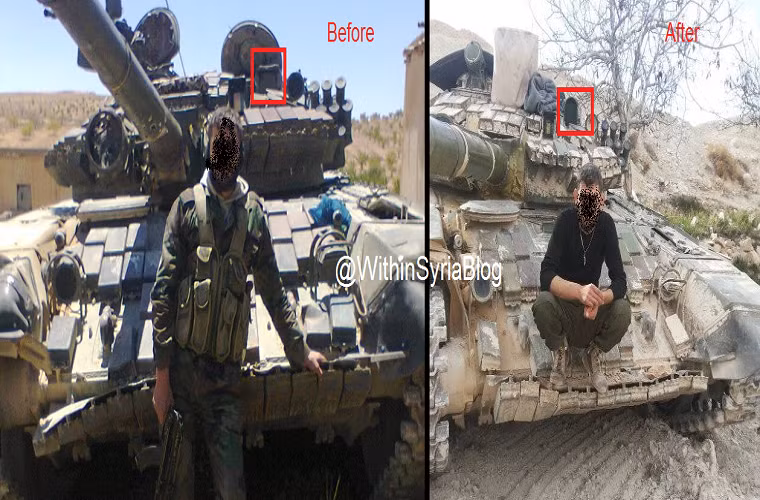 Trong ảnh là một chiếc T-72AV của SAA trước và sau khi được trang bị Viper-72 với thiết kế hầu như không thay đổi, nó còn được trang bị thêm hệ thống gây nhiễu chủ động chống tên lửa chống tăng Sarab-1. Nguồn ảnh: Within Syria.