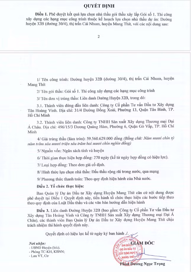 Vinh Long: Goi thau lam duong hon 59 ty o Cai Nhum da co chu