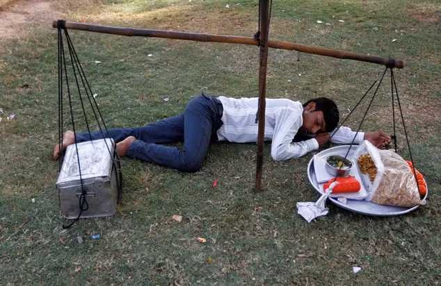 Thanh niên bán hàng rong ngủ trên bãi cỏ, dưới bóng râm tại thành phố Ahmadabad, bang Gujarat. Mức nhiệt cao khiến nhiều người say nắng, thiếu nước, tiêu chảy. Vì thế mà mọi bệnh viện trong thành phố đều quá tải. Ảnh: Daily Mail.