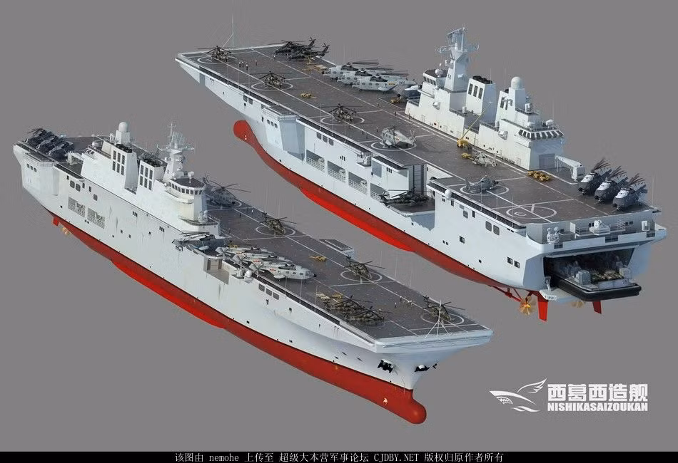 Theo South China Morning Post, tàu đổ bộ Type 075 có lượng giãn nước khoảng 40.000 tấn, dài 250m, chỗ rộng nhất 30m, mớn nước 8,5m, tốc độ 23 hải lý/h. Ảnh: CJBDY