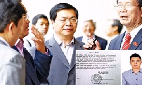Ông Vũ Huy Hoàng (giữa) lúc còn làm Bộ trưởng (ảnh lớn) và con trai Vũ Quang Hải, cùng quyết định bổ nhiệm (ảnh nhỏ).