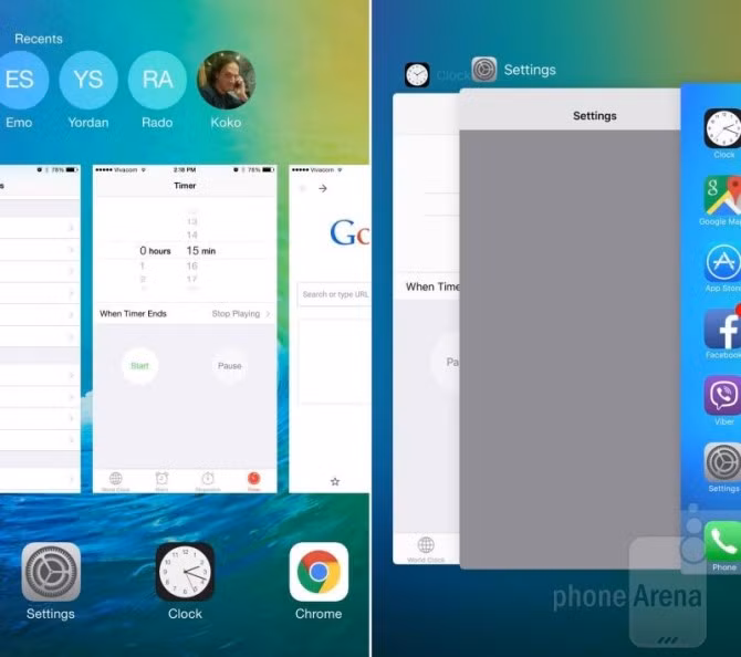  1. Giao diện đa nhiệm. Giao diện đa nhiệm (hay còn gọi là Recent apps - Ứng dụng sử dụng gần đây) của iOS đã được thay đổi khá nhiều. Các ứng dụng sẽ được sắp xếp dạng thẻ chồng lên nhau, trong khi các biểu tượng sẽ được tích hợp vào một cột nhỏ bên phải. Giao diện này sẽ giúp cho iOS thực hiện khả năng chia màn hình (SlideOver và SplitView) tốt hơn trên iPad.Đồng thời, danh sách các liên lạc gần nhất cũng đã bị loại bỏ.