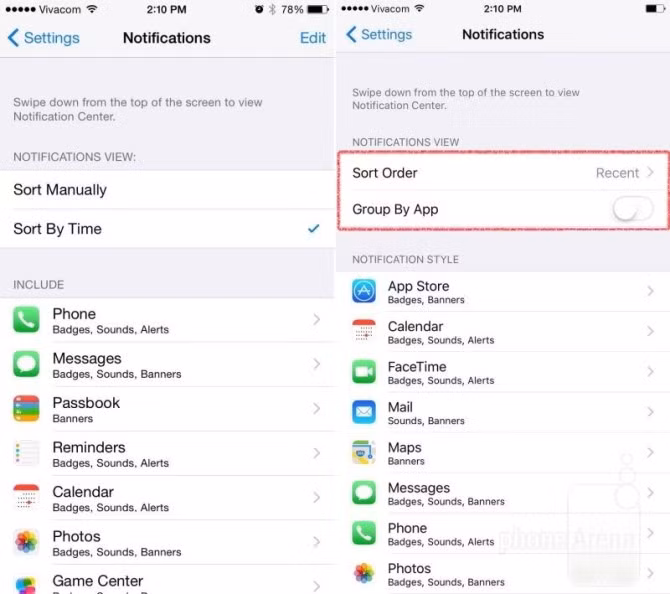  14. Sắp xếp thông báo trong Trung tâm thông báo. Trung tâm thông báo (Notification Center) sẽ cung cấp thêm cho bạn tùy chọn Nhóm Thông báo theo ứng dụng và sắp xếp các thông báo trong từng nhóm theo thời gian.