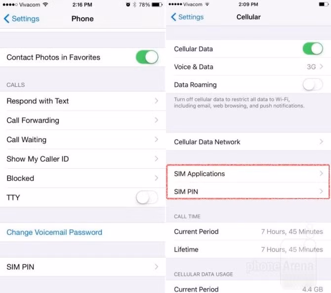  17. Quản lý SIM. Các tùy chọn SIM (ứng dụng SIM và số PIN của SIM) đã được chuyển sang mục Di động (Cellular). Đây là một thay đổi khá hợp lý, bởi người dùng sẽ thường xuyên bật/tắt kết nối di động. Cung cấp các tùy chọn SIM ngay từ màn hình này sẽ hợp lý hơn là "ẩn giấu" trong các tùy chọn về điện thoại ít được sử dụng như trước đây.