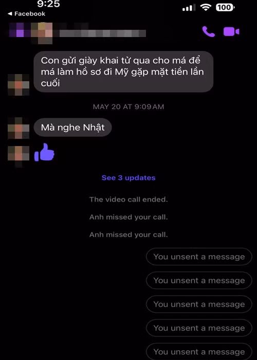 Vợ Đức Tiến nhanh chóng lên tiếng về chia sẻ của mẹ chồng. Cụ thể, trên trang cá nhân, Bình Phương chia sẻ ảnh chụp tin nhắn với mẹ chồng để chứng minh cô vẫn nghe điện thoại của mẹ chồng. Ngoài ra, Bình Phương cho biết, chưa có giấy khai tử của Đức Tiến nên cô chưa ký giấy bảo lãnh để mẹ chồng sang Mỹ. Ảnh: FBNV.
