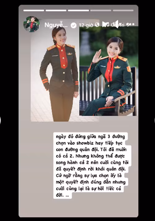 Mới đây, trên trang cá nhân, Nam Em chia sẻ hình ảnh ngày còn là học viên của trường Đại học Văn hóa Nghệ thuật Quân đội. Đi kèm với đó, người đẹp viết: "Ngày đó đứng giữa ngã 3 đường chọn vào showbiz hay tiếp tục con đường quân đội. Tôi đã muốn có cả 2. Nhưng không thể được song hành cả 2 nên cuối cùng tôi đã quyết định rời khỏi quân đội. Cứ ngỡ rằng sự lựa chọn ấy là một quyết định đúng đắn nhưng cuối cùng lại là sự hối tiếc cả đời". Ảnh: FBNV.