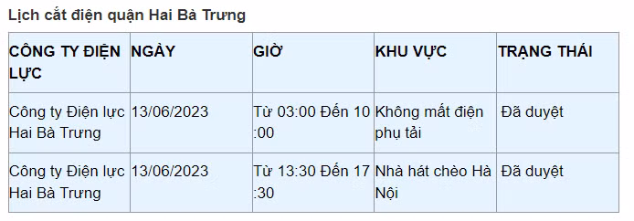 Lich cat dien Ha Noi hom nay 13/6: Pham vi cat nam trong 1 quan