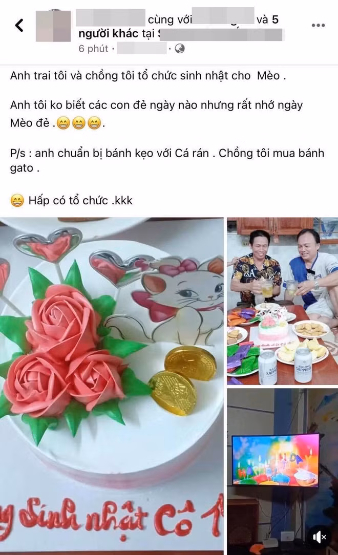 Một tài khoản đã đăng tải hình ảnh bữa tiệc sinh nhật dành riêng cho mèo cưng lên mạng xã hội cùng dòng chia sẻ: "Anh trai tôi và chồng tôi tổ chức sinh nhật cho Mèo. Anh tôi không biết các con đẻ ngày nào nhưng rất nhớ ngày Mèo đẻ. Anh chuẩn bị bánh kẹo với cá rán, chồng tôi mua bánh gato".