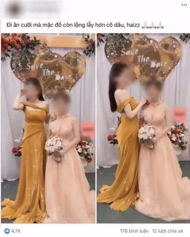 Cô nàng trong ảnh cũng từng nhận nhiều "gạch đá" vì diện chiếc váy hết sức "ô dề". Thậm chí, cách tạo dáng của cô cũng bị cho là cố tình "dìm" cô dâu để bản thân nổi bật hơn.