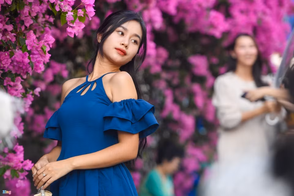Được biết, giàn hoa giấy này đã được trồng khoảng 10 năm nay. Cứ đến dịp hoa nở, nhiều bạn trẻ lại đến chụp hình, check-in. Tuy nhiên, thời gian gần đây, số lượng người tìm đến lại tăng đột biến nhờ hiệu ứng lan truyền trên mạng. Ảnh: Zing