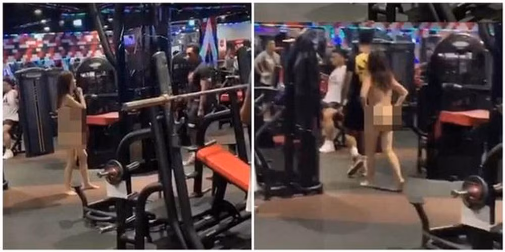 Thay vì diện đồ tập, người phụ nữ trên lại nude toàn tập trong phòng gym. Lúc này xung quanh có không ít nam giới.