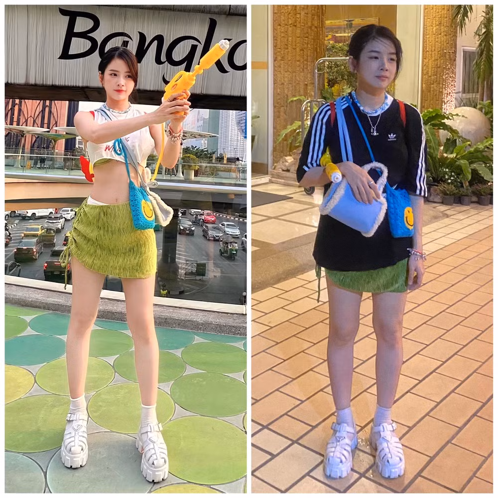 Xuống phố tham gia lễ hội té nước, "mỹ nhân làng chà đĩa" diện bộ outfit ngắn cũn cỡn với màu xanh nõn và mặc thêm áo crop-top mỏng bên ngoài.