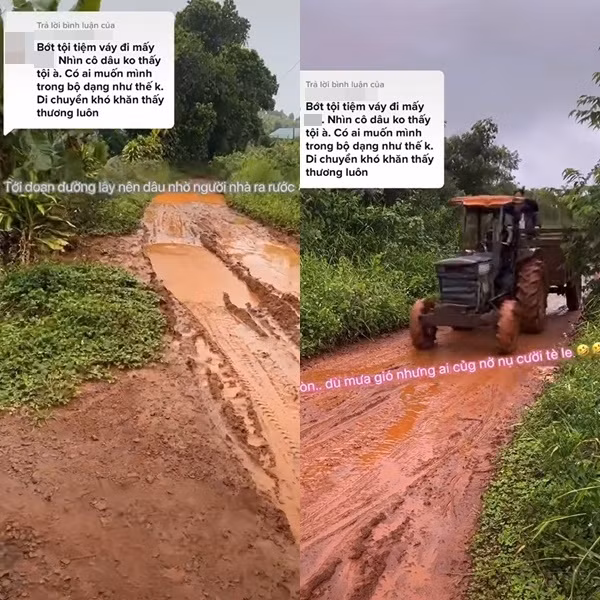 Vào buổi sáng cô đến trang điểm, nàng dâu còn phải nhờ người nhà dùng xe chuyên dụng ra đón vì đường bị lầy lội.