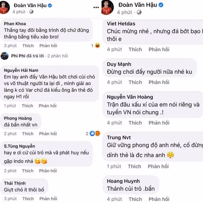 Hải Nam bình luận: “Em lạy anh đấy Văn Hậu, bớt chơi cùi chỏ và võ thuật người ta lại đi, mình giải ao làng không có VAR chứ đá kiểu ông ăn thẻ đỏ ngay hiệp 1 rồi”.