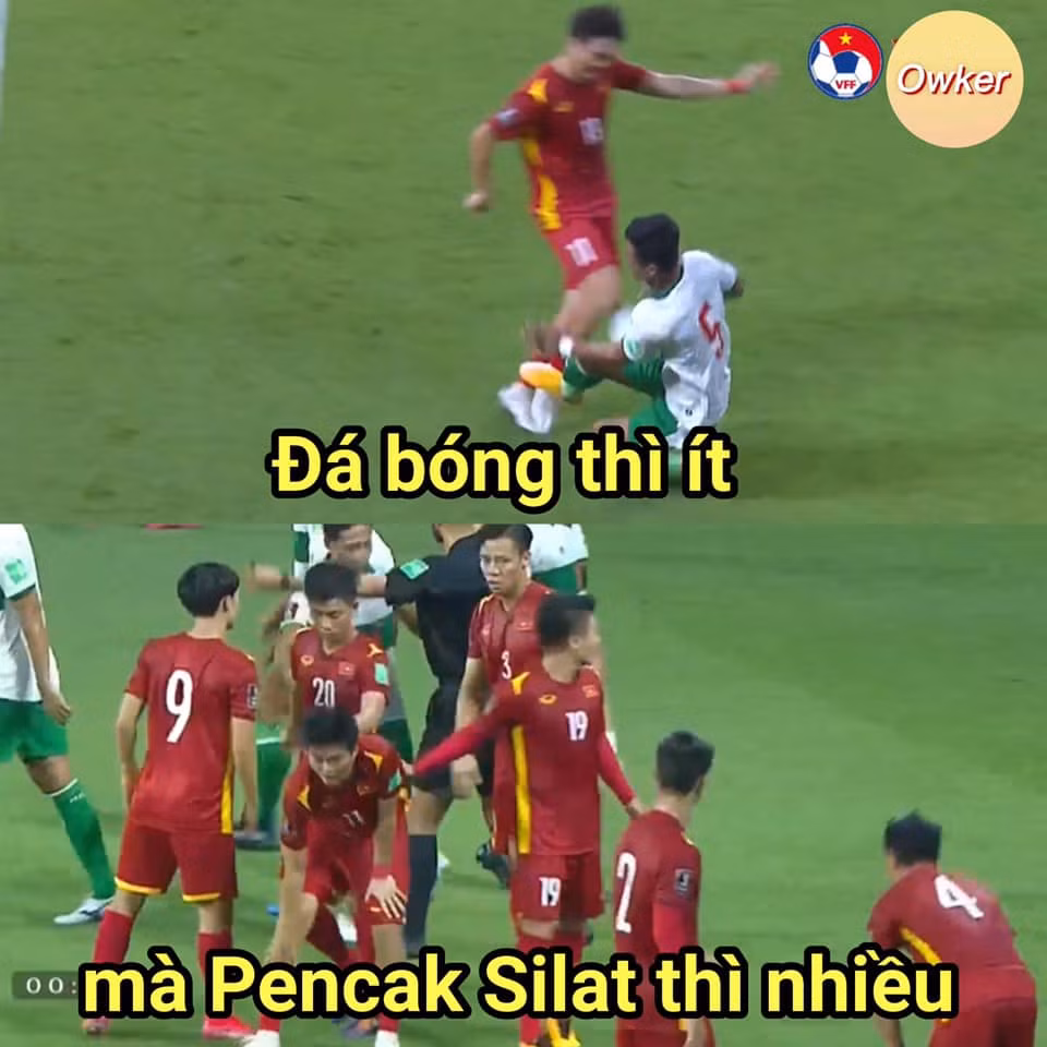 Trong toàn bộ hiệp 1, các cầu thủ Indonesia biến sân Al Maktoum tại UAE thành võ đài và dân mạng Việt Nam nén bức xúc vào nhưng bức ảnh chế bóng đá của mình khi họ không biết đang xem đá bóng hay xem Pencak Silat.