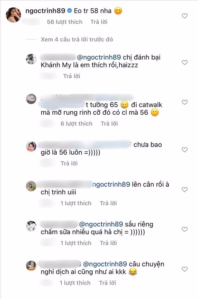 Ngọc Trinh cũng thú nhận vòng eo của cô đã cán mốc 58cm và giờ là gần đến 60cm.