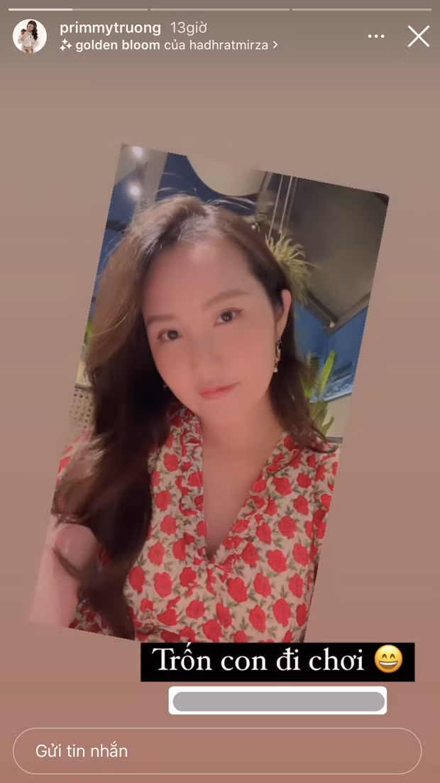 Dẫu vậy thì thỉnh thoảng, Primmy Trương vẫn khiến dân mạng trầm trồ và cả ghen tị vì nhan sắc cũng như vóc dáng của mình. Điển hình mới đây, vợ đại gia Phan Thành đã chính thức khoe vóc dáng bằng dòng story "Trốn con đi chơi".