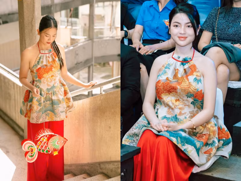 Nhân dịp Tết Trung Thu vừa qua, Ánh Viên gây chú ý khi đăng tải ba bức ảnh khoe nhan sắc với áo yếm truyền thống. Đáng chú ý, trang phục của "nữ kình ngư" lại đụng hàng với bộ cánh được chụp cách đây nhiều tháng của vợ Quang Hải - người đẹp Chu Thanh Huyền.