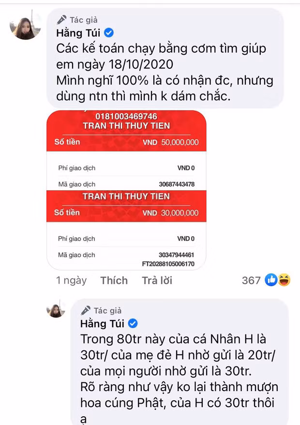 Gần đây nhất, Hằng Túi đã gây xôn xao khi công khai nhờ cộng đồng mạng tìm giúp khoản của mình trong bản sao kê của vợ chồng Công Vinh - Thủy Tiên.