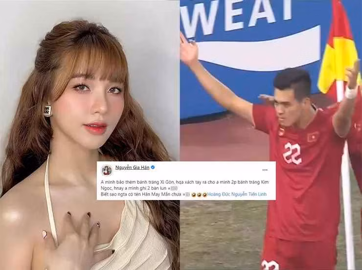 Mới đây, bạn gái xinh đẹp của Hoàng Đức là hot girl Gia Hân đã đăng ảnh Tiến Linh đang ăn mừng bàn thắng đầu tiên. Cô nàng gọi tiền đạo 9X bằng hai từ thân thiết “anh mình”.