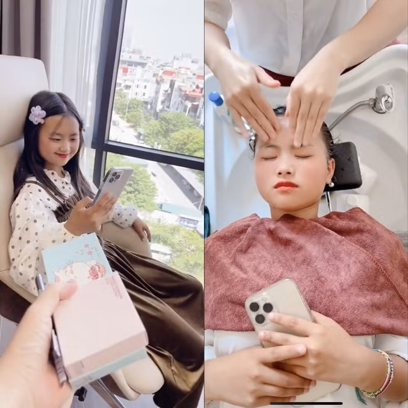 Thời điểm mới xuống thành phố, Phúng Phính đã xuất hiện với vẻ ngoài sang chảnh, chẳng khác gì một tiểu thư nhà giàu. Lúc nào, cô bé cũng cầm trên tay chiếc Iphone 14 đắt đỏ, có người làm tóc, trang điểm riêng, đi du thuyền, picnic ngoài trời...