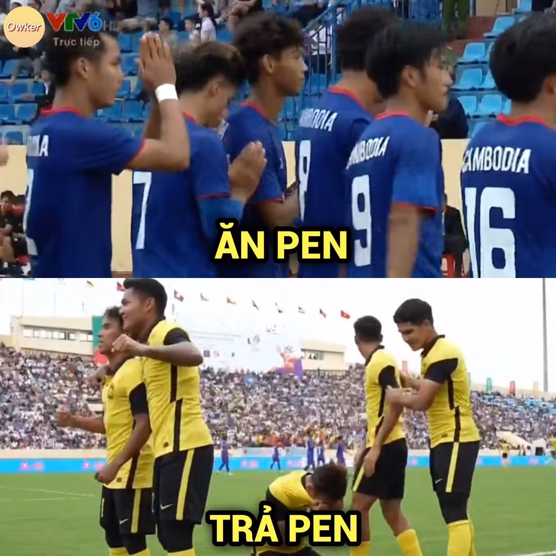 Ăn pen trả pen là bức ảnh chế giữa U23 Malaysia và U23 Campuchia khiến netizen bất ngờ.
