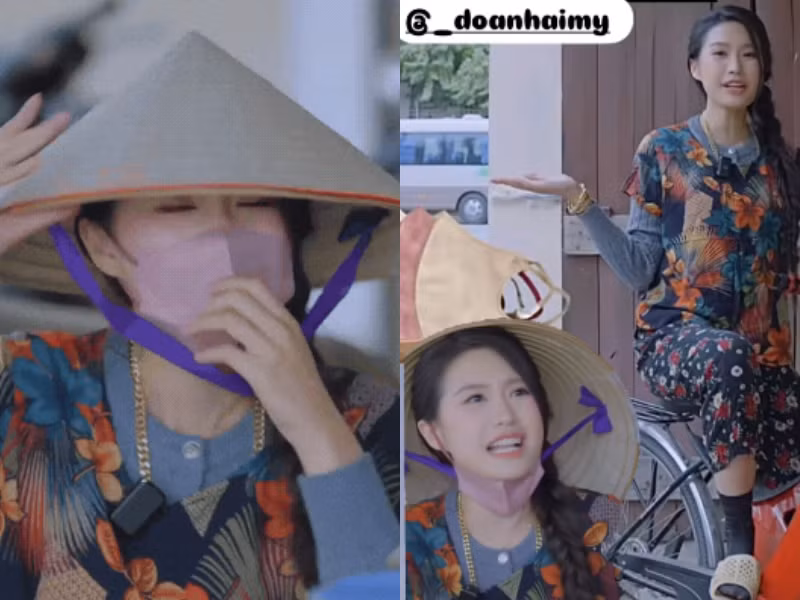 Thêm vào đó, cách hóa trang với vòng cổ cỡ lỡ, tay đeo đầy vàng, cưỡi trên chiếc xe ghép với phần đầu là xe máy mà phần sau là xe đạp, cùng hành động chỉ tay với biểu cảm sắc sảo của Doãn Hải My khiến dân mạng không khỏi bật cười.