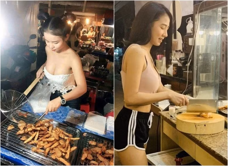 Đặc biệt là ở những hàng quán ven đường, nơi thu hút nhiều người qua lại, không khó để bắt gặp hình ảnh cô gái diện quần ngắn, váy ôm body hay thậm chí là bikini đứng bán hàng.