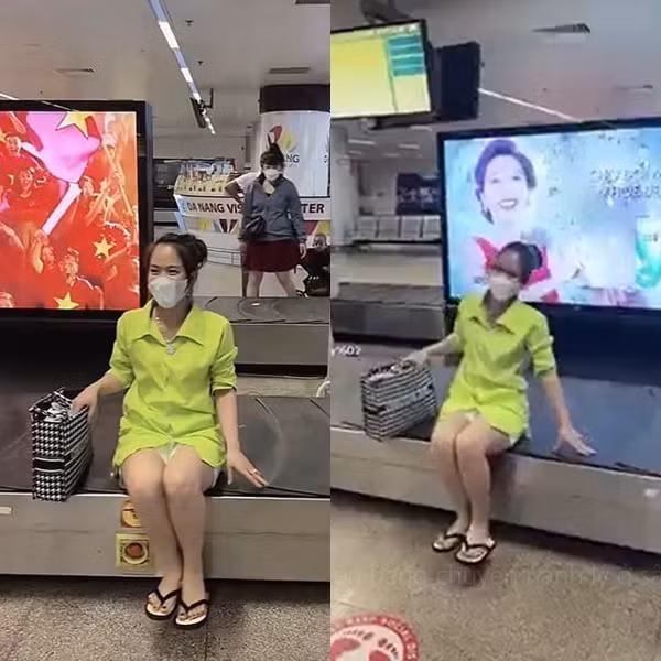 Cô gái thản nhiên ngồi lên băng chuyền cười đùa để quay clip.