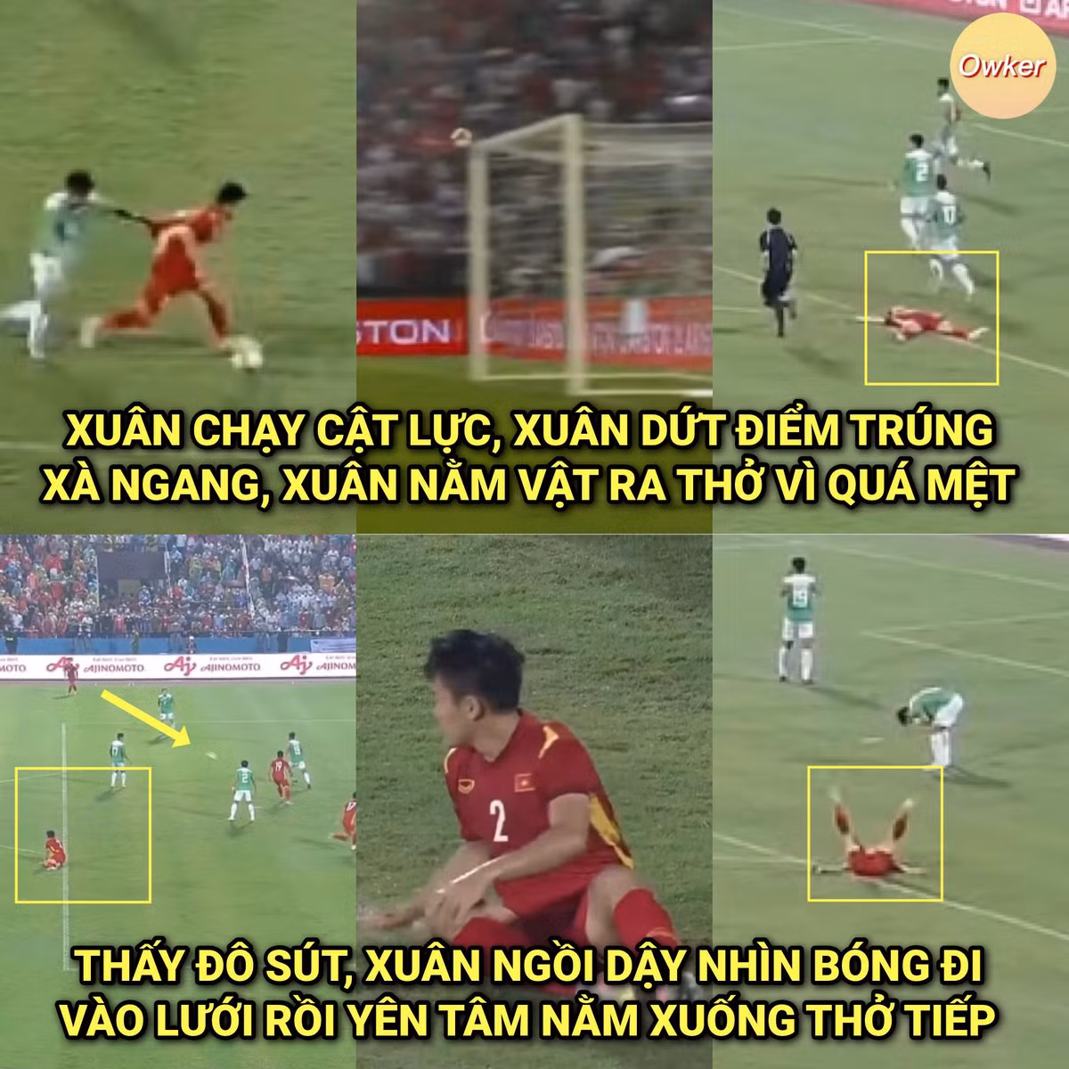 Cố gắng đi bóng nhưng dứt điểm trúng xà, Văn Xuân ngã xuống nhưng không phải tiếc nuối vì Văn Đô đã ghi bàn nâng tỷ số lên 3-0 cho U23 Việt Nam trước Indonesia.