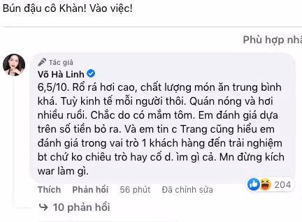 Hà Linh chia sẻ: "6,5/10. Rổ rá (giá) hơi cao, chất lượng món ăn trung bình khá. Tùy kinh tế mỗi người thôi. Quán nóng và hơi nhiều ruồi. Chắc do có mắm tôm...