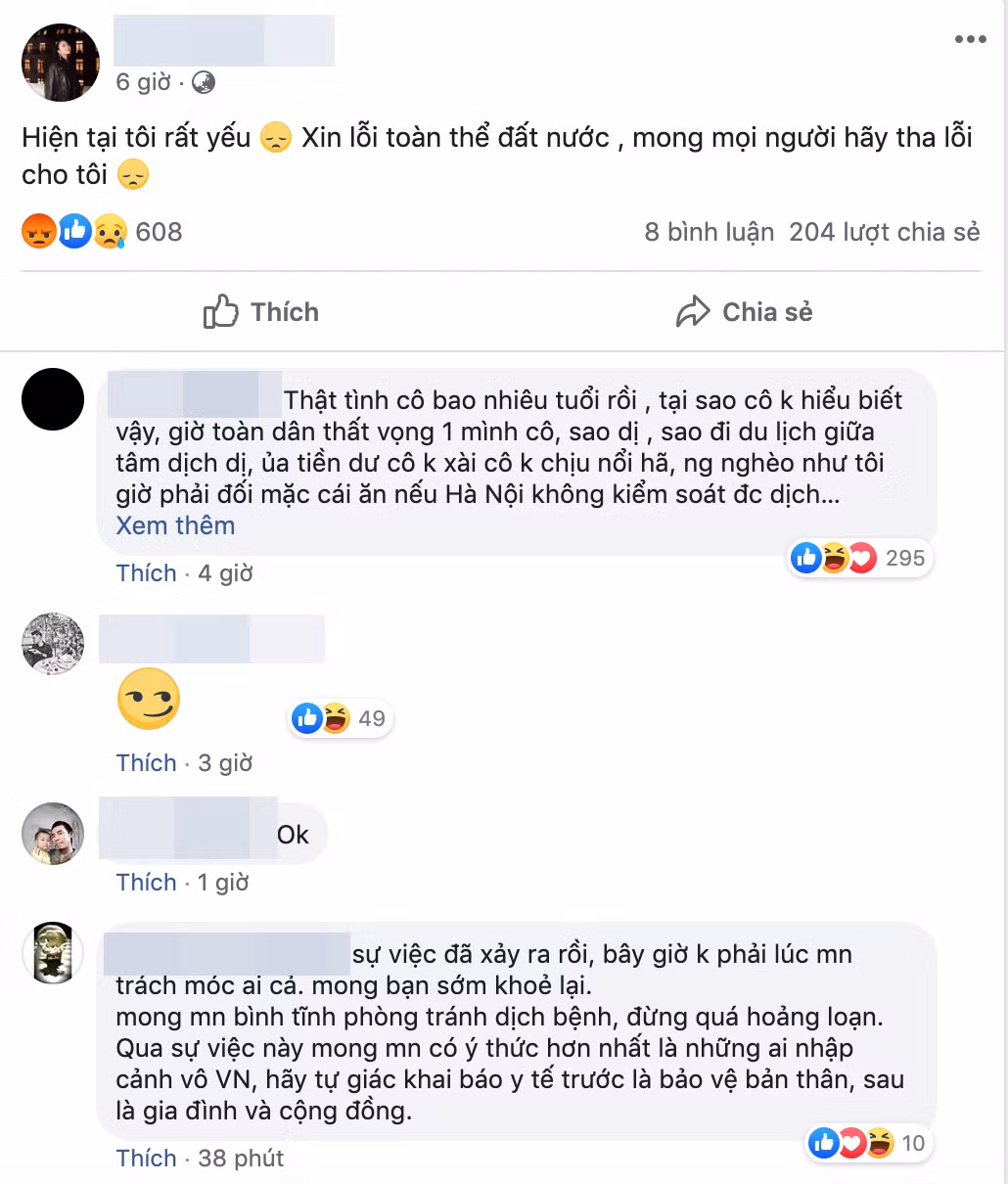 Tuy nhiên sau đó, tại một trang cá nhân khác cũng có tên Nhung Nguyen, ảnh đại diện và thông tin cá nhân y hệt của Nguyễn Thị Nhung đã đăng tải trạng thái xin lỗi người dân vì trường hợp của mình: "Hiện tại tôi rất yếu, xin lỗi toàn thể đất nước, mong mọi người hãy tha lỗi cho tôi".