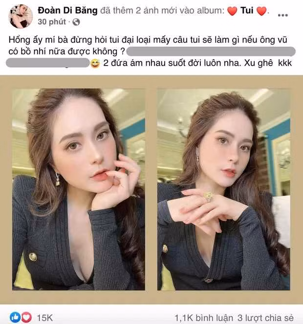 Đoàn Di Băng cho biết gần đây mọi người hay hỏi mình sẽ làm gì nếu chồng ngoại tình. Và câu trả lời của cô là đừng hỏi nữa vì 2 vợ chồng sẽ bên nhau suốt đời: "Hổng ấy mấy bà đừng hỏi tui đại loại mấy câu tui sẽ làm gì nếu ông Vũ có bồ nhí nữa được không? Hai đứa ám nhau suốt đời luôn nha".