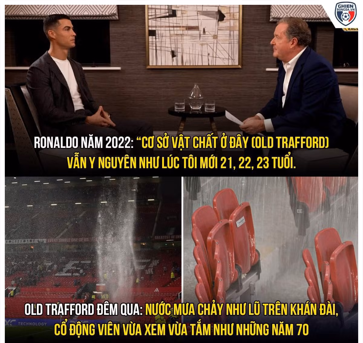Trong bài phỏng vấn gây sốc cuối năm 2022, Cristiano Ronaldo khi đó còn thuộc biên chế Man Utd đã chỉ trích giới chủ về cơ sở vật chất của CLB. Theo siêu sao Bồ Đào Nha, sân Old Trafford và khu tập luyện Carrington giống hệt thời anh còn là cầu thủ trẻ những năm đầu thế kỷ 21. "Hồ bơi, bể sục, phòng tập, các công nghệ và thậm chí nhà bếp vẫn như xưa", anh nói.