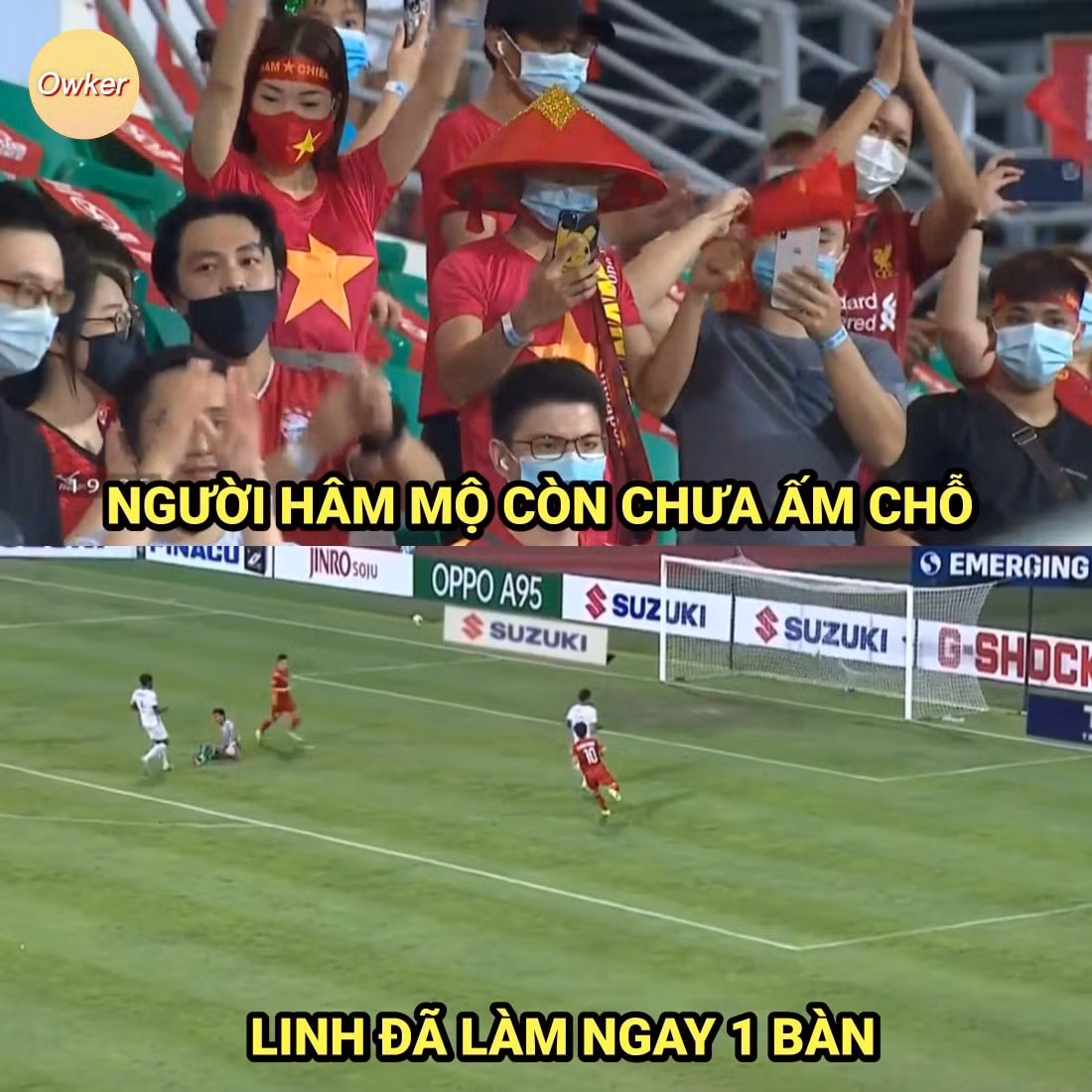 Bức ảnh chế bóng đá Tiến Linh làm khán giả trên sân Bishan ngồi chưa ấm chỗ đã phải đừng lên ăn mừng được netizen truyền tay nhau.