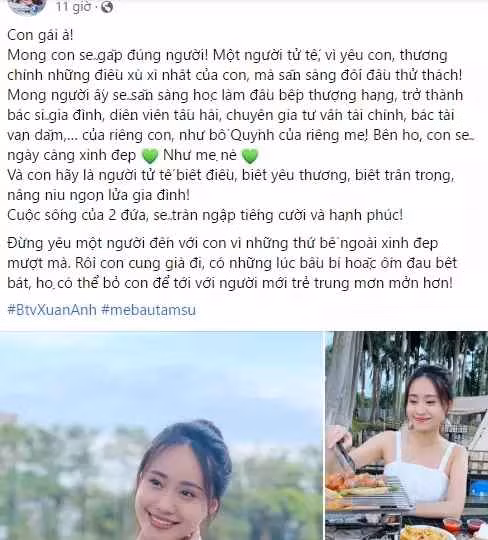 Tối 23/7, MC thời tiết VTV là Nguyễn Xuân Anh có tâm sự gây chú ý trên Facebook. Cô chia sẻ hình ảnh xinh đẹp của bản thân, đính kèm là lời nhắn nhủ đến con gái sắp chào đời và cũng là những kỳ vọng về một chàng rể tương lai.
