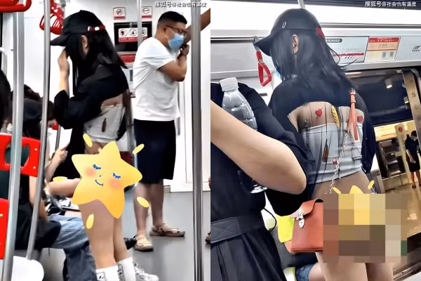 Lúc này tàu điện ngầm dừng ở ga Qijigang, Trung Quốc, một nữ hành khách bước lên tàu điện ngầm lập tức thu hút ánh nhìn của mọi người trong ga bởi ăn mặc phản cảm.